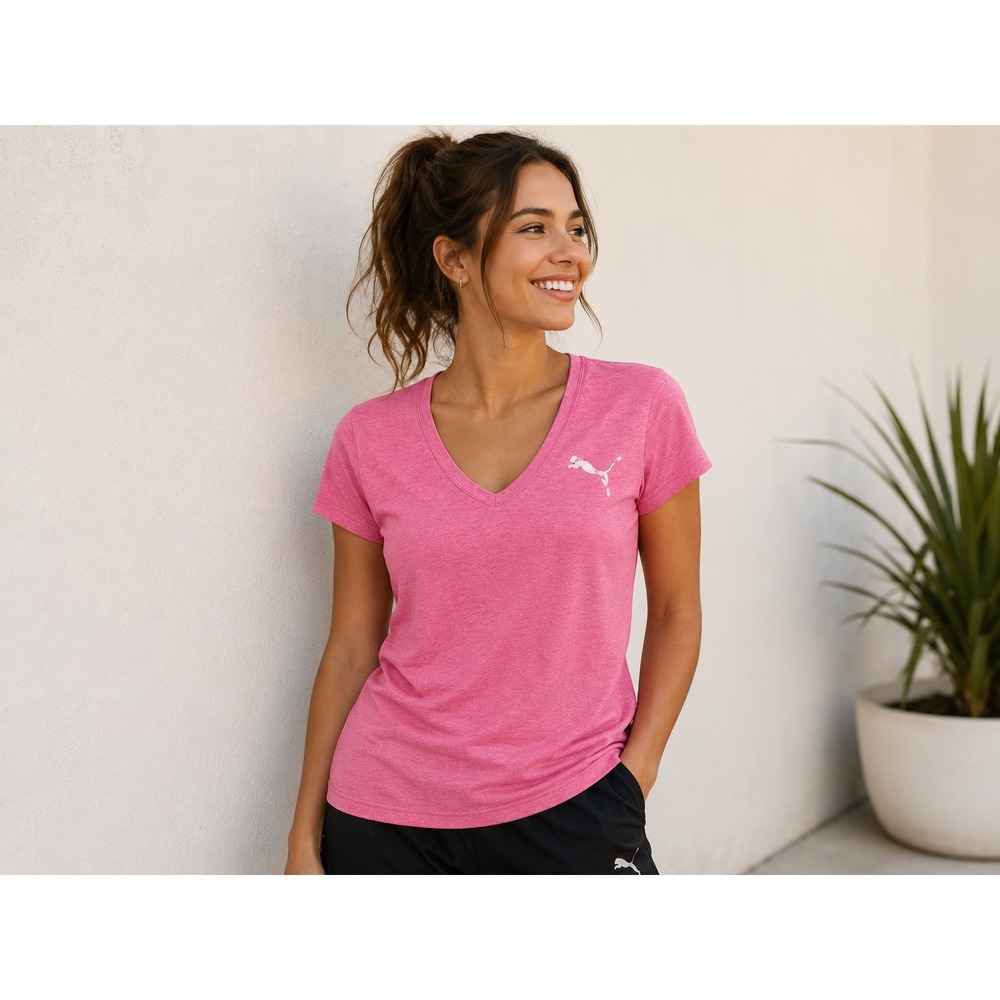 Puma Sportlifestyle Womens V-Neck T-Shirt Heather Pink Logo Graphic‎ Tee Large